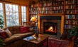 © Galina - A warm and inviting living room features a cozy fireplace and bookshelves filled with colorful books, perfect for relaxation at any time