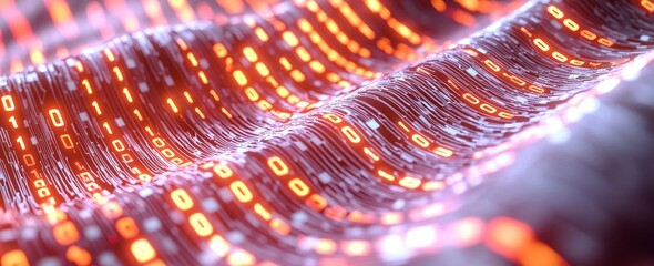 A digital background with glowing particles representing data flow and binary code.