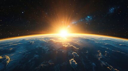 Wall Mural - panoramic view of the earth and stars in a 3d cartoon rendering sunrise over the planet from a space
