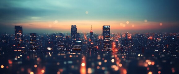 Blurred skyline of a modern city at dusk with bokeh lights.