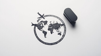 Poster - A passport stamp silhouette overlays a subtle world map, capturing the essence of international exploration and travel ambitions. Generative AI