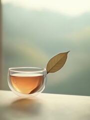 Poster - A delicate tea leaf sits atop a transparent cup filled with warm brewed tea, surrounded by a calm and tranquil atmosphere. Generative AI