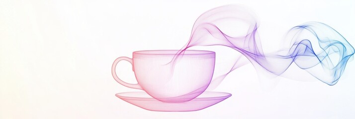 Aufkleber - A delicate line art depiction of a tea cup releases soft steam, capturing a moment of warmth and cozy tranquility. Generative AI
