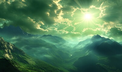 Sticker - green sky with bright beam above the mountains