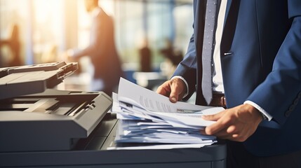 Business professional printing documents in a modern office during daylight hours