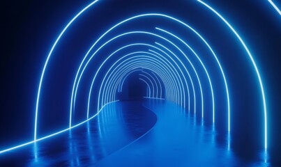Abstract tunnel, corridor with rays of light and new highlights. Abstract blue background, neon. Scene with rays and lines