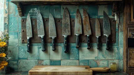 Wall Mural - A rustic kitchen featuring a knife rack and cutting board.