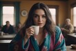 © Mikke - Smiling woman with long hair holding a steaming mug of coffee, enjoying a relaxing morning at home