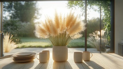 Wall Mural - A serene dining setup with pampas grass and tableware.