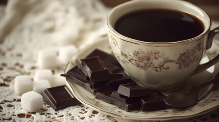 Elegance and Taste: Artistic Presentation of Black Coffee with Dark Chocolate and Sugar on Vintage Lace Tablecloth