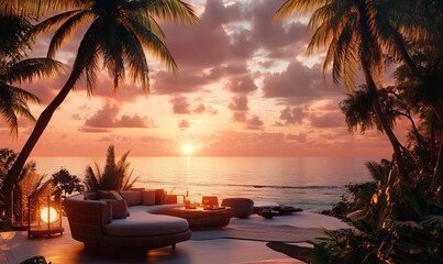 A serene beachside setting featuring cozy lounge furniture, lush palm trees, and a stunning sunset over calm waters in a tropical paradise