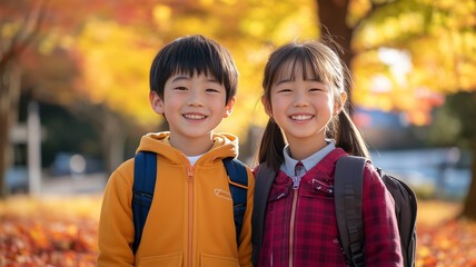 Wall Mural - 紅葉の中で立つ仲良しの子供たち