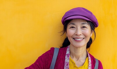 Poster - A Chinese woman in a purple cap smiles against a bright yellow wall during a sunny afternoon in a vibrant urban setting