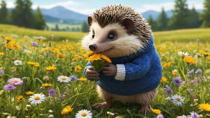 A cheerful hedgehog in a cozy sweater gathers wildflowers in a vibrant meadow on a sunny day