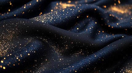 A piece of fabric with gold and blue sparkles on it