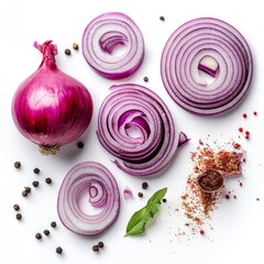 Poster - Fresh red onion slices are beautifully arranged on a clean surface. The vibrant colors catch the eye. Ideal for food styling and recipes. A perfect ingredient for healthy meals. AI