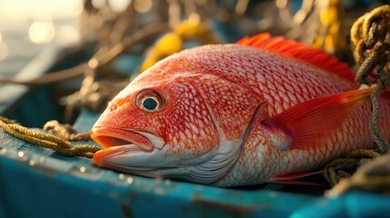 A vibrant red fish resting on a fishing boat's deck.