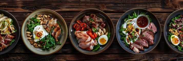 Wall Mural - Set of Various Meat Salads on Rustic Ceramic Plates Top View. Salad Mix, Smoked Turkey, Honey Sauce