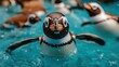 © Dulemegapixel - In a refreshing blue watery backdrop, an alert penguin swims forward with curiosity, embodying the essence of exploration, nature, and aquatic life adventure.