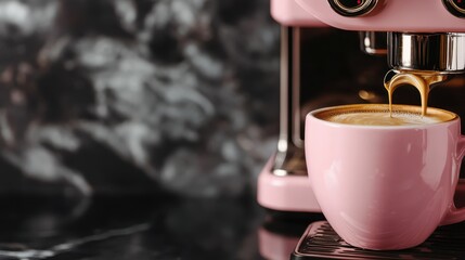 A cozy setting featuring a pink coffee cup catching espresso from a shiny machine offers a warm, inviting vibe for coffee lovers on a dark marble countertop.