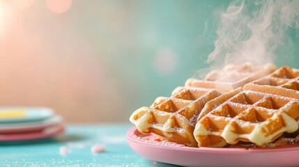 Freshly prepared waffles are placed on a pink plate, gently releasing steam, creating a delightful breakfast setting that exudes warmth and homey vibes.