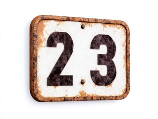 Old weathered metal sign with the number 23, white isolate background.