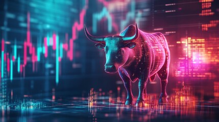 digital bull stands amidst vibrant stock market data, symbolizing bullish trends and financial growth in a high-tech environment.