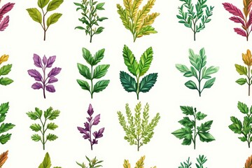 Wall Mural - a variety of colorful leaves arranged in a seamless pattern on a white background.