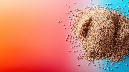 A mound of quinoa is featured on an eye-catching red to blue gradient background, presenting a unique contrast between the natural grain and modern color theme.