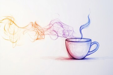 Poster - A delicate tea cup is illustrated with a continuous line, emitting soft steam, capturing a moment of warmth and tranquility. Generative AI