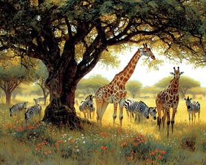 Giraffes and zebras gather under the shade of a large tree in a serene African savannah, surrounded by vibrant wildflowers and warm sunlight.