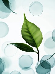 Leinwandbilder - A vibrant tea leaf stands out against a backdrop of soft bubbles, creating a serene and peaceful atmosphere. Generative AI