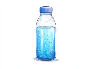 Clear plastic water bottle with blue cap, isolated on a white background.