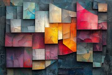 vibrant cubism art with scattered geometric pieces in a collage of blues, reds, and yellows