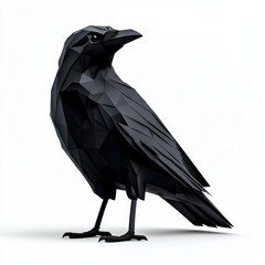 Polygonal black raven on a white isolated background.