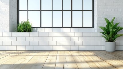 Bright interior with large window and potted plants.