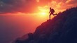 © Cloudy - A powerful image of a person climbing a steep mountain, with the sun rising behind them in vibrant shades of orange and yellow.