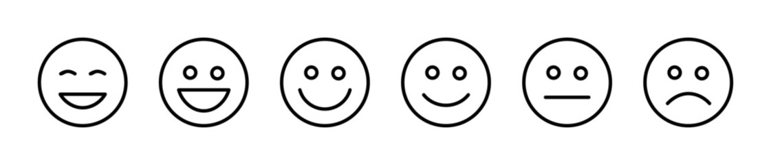 Face smile icon positive, negative neutral. Emoji icons for rate of satisfaction level. Emotion from happy to sad emoji smiley faces line art vector icon for apps and websites. Vector illustration