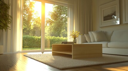 Wall Mural - Bright living room with sunlight, cozy furniture, and decor.