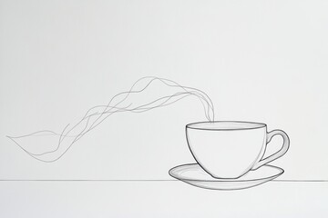 Aufkleber - A minimalist line drawing showcases a tea cup with gentle steam lines, evoking warmth and comfort in a serene setting. Generative AI