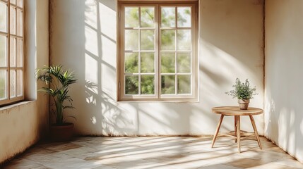 Wall Mural - Bright, minimalistic room with natural light and plants.