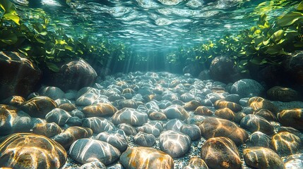 Sunlit underwater scene with rocky riverbed and vibrant aquatic plants, creating a serene and crystal-clear view of nature beneath the water surface.