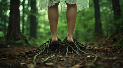 Wall Mural - Woman's legs in a forest turning into tree roots grounded to the earth  -