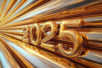 celebrate 2025 with golden lines and rays, numbers in gold, dynamic futuristic atmosphere, new years eve, photorealistic