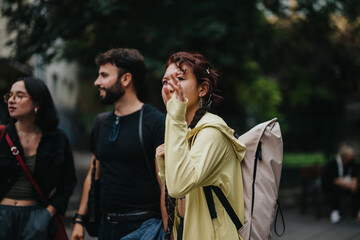 Sticker - A group of young adults, possibly students, walking outdoors in an urban setting. They appear engaged and curious, embodying energy, exploration, and camaraderie in an educational or leisurely context