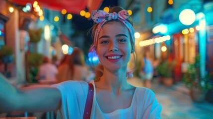 A joyful woman with a headband takes a selfie in a lively street, adorned with colorful lights and bustling with people, capturing the essence of urban nightlife spirit.