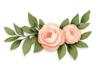 Wall Mural - two elegant pink roses with green leaves on a white isolated background.