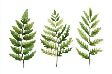 Wall Mural - three vibrant green fern leaves on a white isolate background.