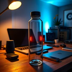 Futuristic water bottle, set on a high-tech workspace, with gadgets and a laptop around, illuminated by soft ambient lighting, emphasizing innovation. design