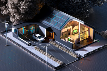 Energy-Efficient Smart Home. Solar Panels and Electric Vehicle Charging Station